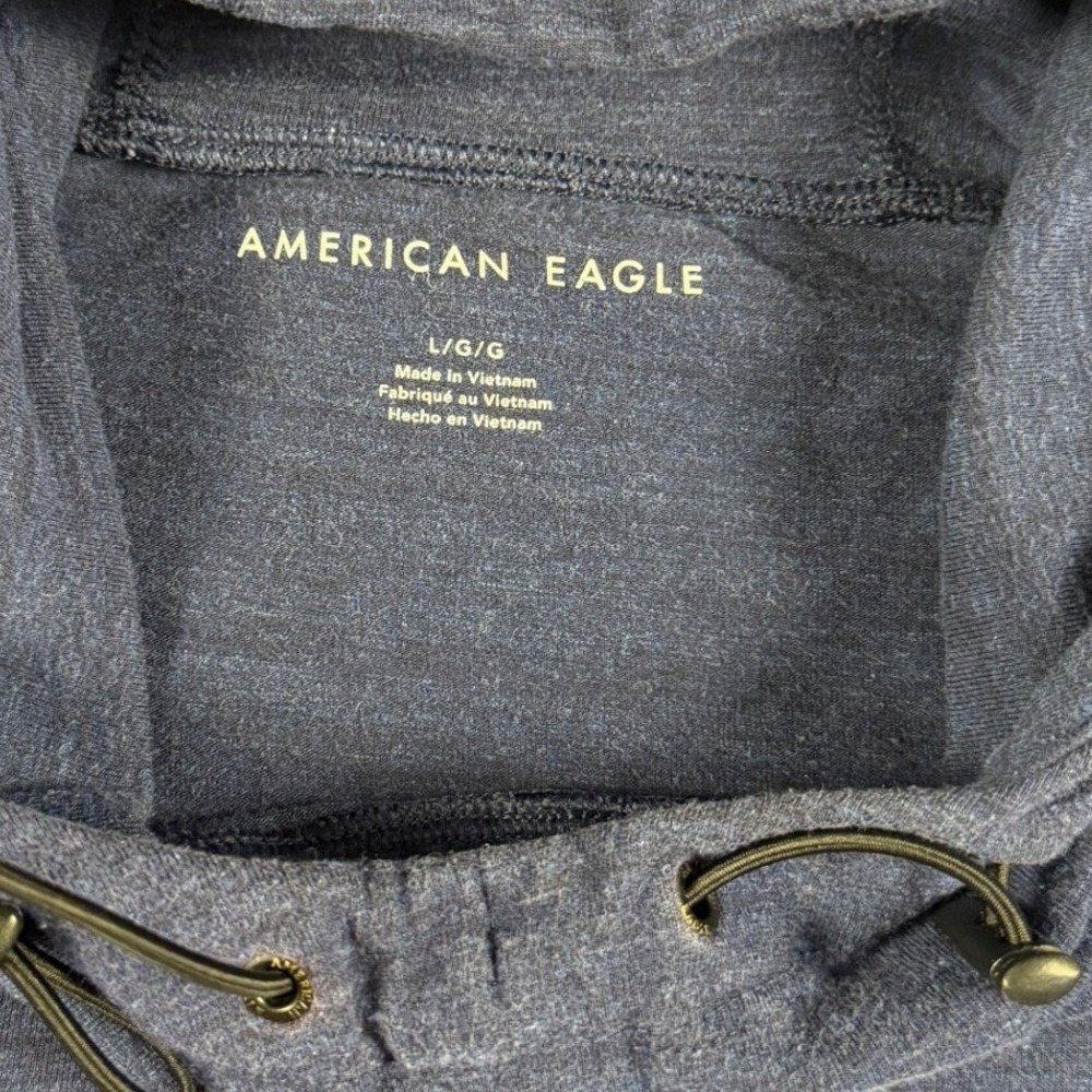 American Eagle Mens Blue Graphic Logo Hoodie Sweatshirt Large Raglan Sleeve Navy - Picture 5 of 9
